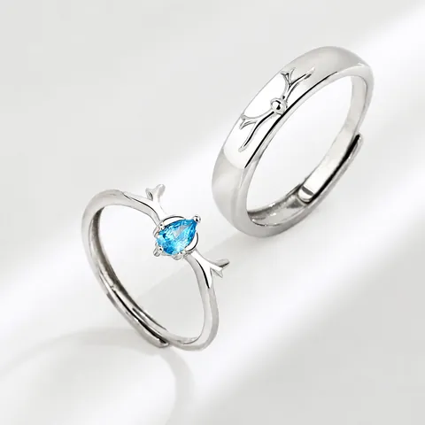 925 Sterling Silver Deer Antler Couple Rings Adjustable Open Ring For Lovers Blue White Rhinestone Jewelry Valentine Gift