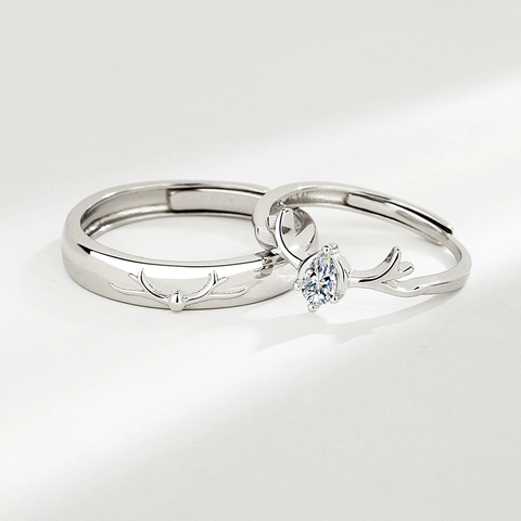 925 Sterlingsilber Partnerringe im Hirschgeweih Design Verstellbare Offene Ringe Für Paare Mit Strass Besatz Valentin Geschenk