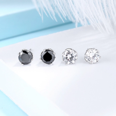 Orecchini a Bottone in Argento Sterling 925 con Strass Semplici a Quattro Griffe Tondi Piccoli per Uomo Donna Gioielli Minimalisti