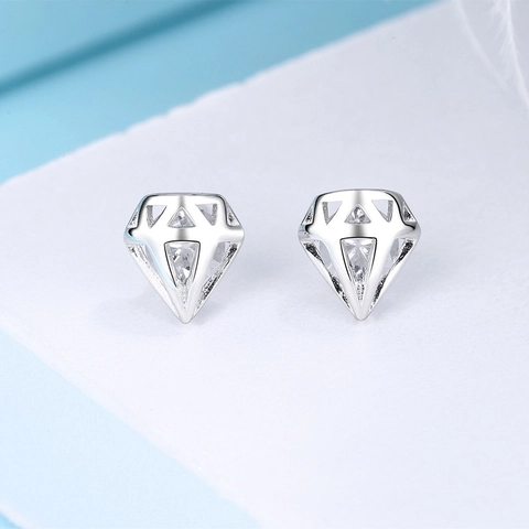 Orecchini a Bottone in Argento Sterling 925 Forma a Diamante Geometrico Design Traforato Con Zirconia Gioielli Minimalisti