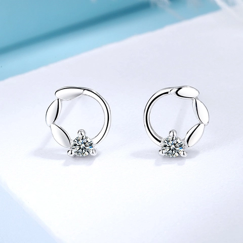 Orecchini a Bottone a Fiore in Argento Sterling 925 Elegante Corona di Foglie Minimalista con Zirconi Gioielli per Donna Ufficio Quotidiani