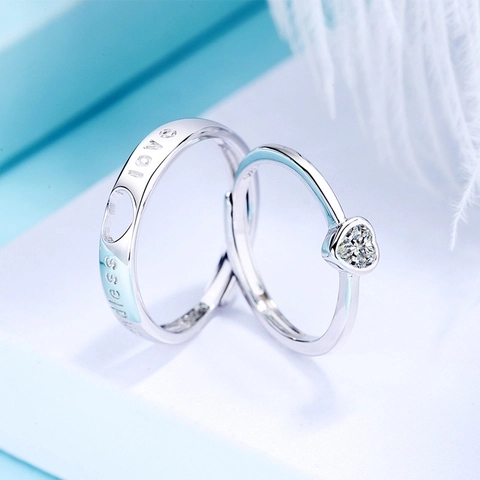 925 Sterling Silver Heart Couple Rings For Lovers Adjustable Endless Love Engraving Rhinestone Inlaid Fashion Open Rings