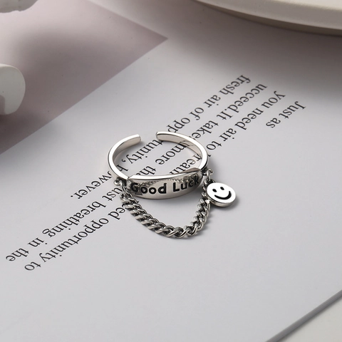 Anillo Ajustable Abierto de Plata de Ley 925 con Cara Sonriente y Cadena Joyería Geométrica Minimalista Vintage para Mujer