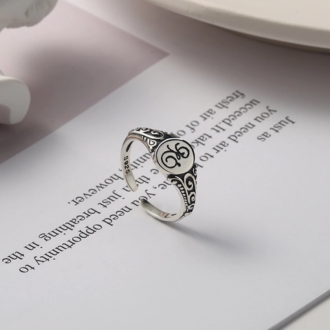 Anillo Abierto de Plata de Ley 925 Vintage para Mujer Personalidad de Moda Geométrico Grabado Ajustable Joyería de Dedo