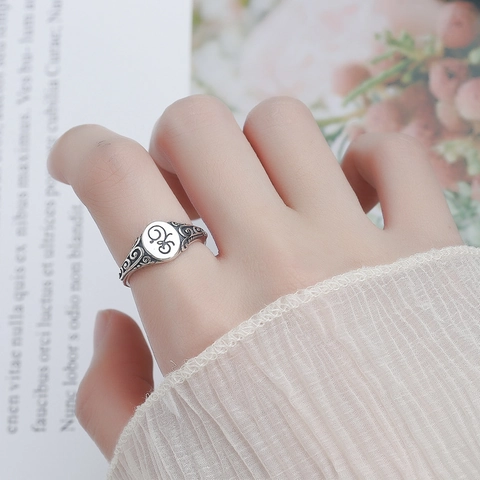 Anillo Abierto de Plata de Ley 925 Vintage para Mujer Personalidad de Moda Geométrico Grabado Ajustable Joyería de Dedo