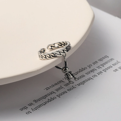 Bague Ouverte Rétro en Argent Sterling 925 Avec Pendentif Lapin pour Femme Mode Coréenne Maillons Tressés Bague Réglable Bijoux