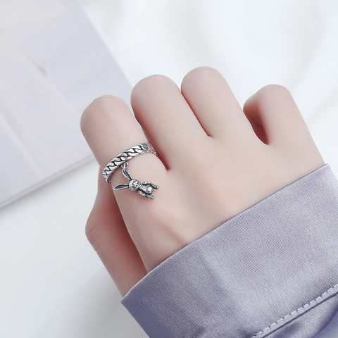 Bague Ouverte Rétro en Argent Sterling 925 Avec Pendentif Lapin pour Femme Mode Coréenne Maillons Tressés Bague Réglable Bijoux