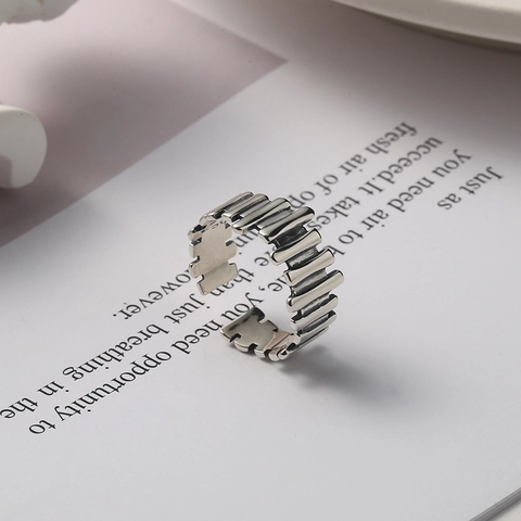Anillo Abierto de Plata de Ley 925 Vintage Irregular Acanalado Envejecido Geométrico Ajustable Joyería Minimalista para Mujer