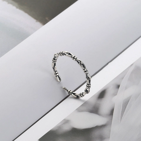 Anillo de Cadena de Nudo de Plata de Ley 925 para Mujer Moda Simple Anillo de Dedo Ajustable Abierto Joyería Pulida Vintage
