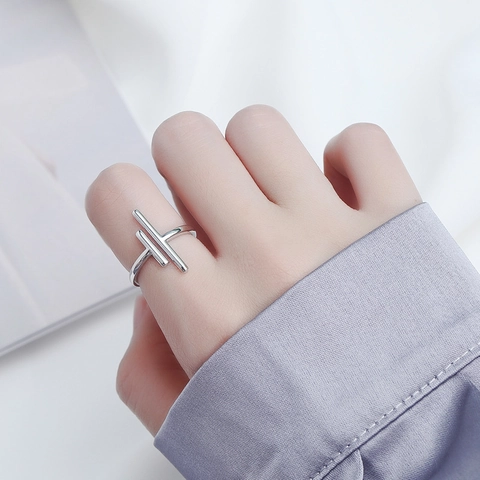 S925 Sterling Silver Hollow Geometric Open Ring Minimalist Double Bar Cross Finger Ring For Women Retro Fashion Jewelry Gift