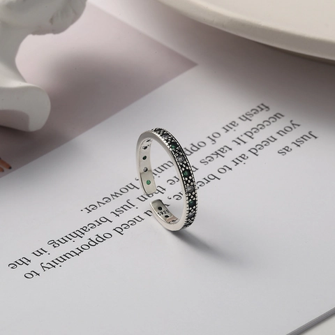 Anello Aperto Regolabile in Argento Sterling 925 Retrò per Donna Strass Verde Scuro Geometrico Intarsiato Gioielli di Moda Regalo