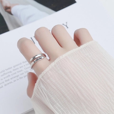 Vintage 925 Sterling Silver Smile English Letter Open Ring Minimalist Distressed Double Layer Adjustable Finger Ring Jewelry