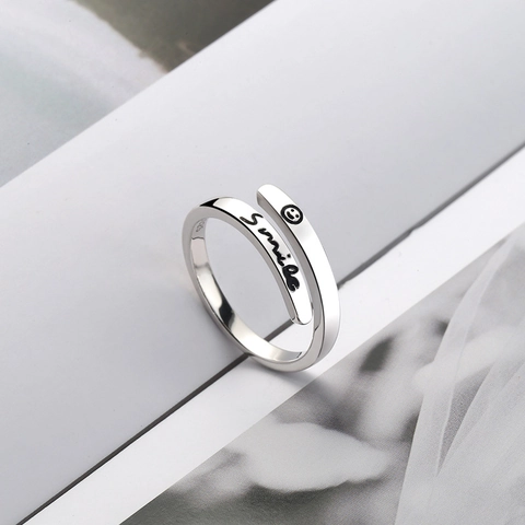 Vintage 925 Sterling Silver Smile English Letter Open Ring Minimalist Distressed Double Layer Adjustable Finger Ring Jewelry