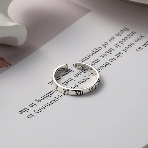 925 Sterling Silver Open Ring For Women Minimalist Vintage Roman Numeral Engraved Adjustable Finger Ring Fashion Jewelry