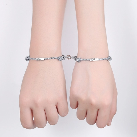 Pulsera Trenzada de Doble Felicidad China de Plata de Ley 925 para Parejas Cierre Magnético Pulsera de Cuerda Hecha a Mano Ajustable Joyería Unisex Regalo