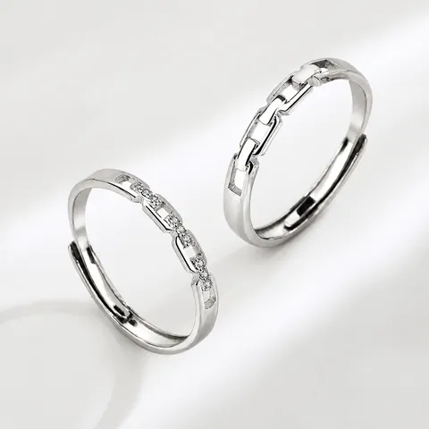 S925 Sterling Silver Couple Rings Adjustable Interlocking Chain Link Zirconia Matching Rings For Men Women Minimalist Anniversary Jewelry Gift