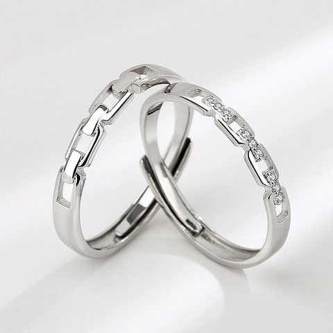 S925 Sterling Silver Couple Rings Adjustable Interlocking Chain Link Zirconia Matching Rings For Men Women Minimalist Anniversary Jewelry Gift