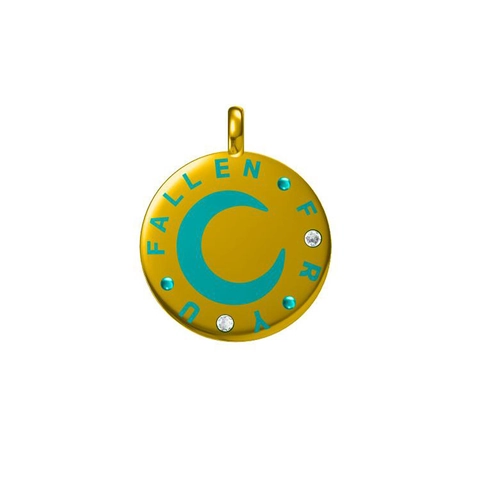 925 Sterlingsilber Vergoldeter Runder Anhänger Blauer Sichelmond Fallen For You Schriftzug Strass Charm Damen Schmuck