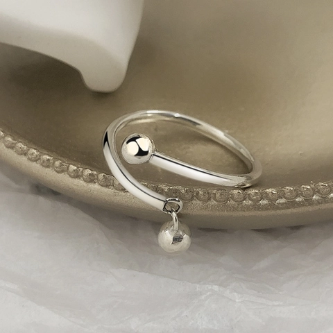 S925 Sterling Silver Bypass Ring With Beads Dangle Charm Minimalist Geometric Adjustable Open Ring Fashion Jewelry For Women