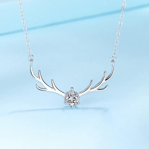 925 Sterling Silver Deer Antler Pendant Necklace For Women Elegant Minimalist Rhinestone Inlaid Elk Horn Clavicle Chain Jewelry Christmas Gift