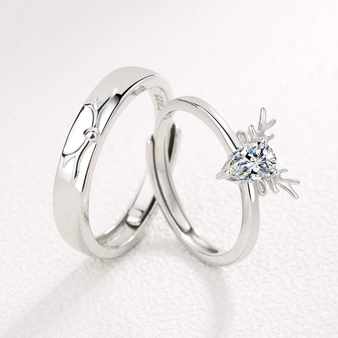 S925 Sterling Silver Antler Couple Pair Rings Adjustable Forest Style Deer Horn Open Ring With Cubic Zirconia Moonstone Valentine Gift