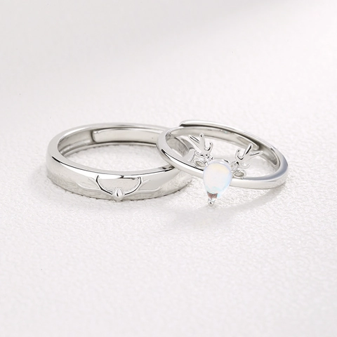 S925 Sterling Silver Antler Couple Pair Rings Adjustable Forest Style Deer Horn Open Ring With Cubic Zirconia Moonstone Valentine Gift
