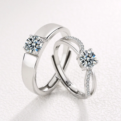 S925 Sterling Zilveren Paar Ringen Voor Heren Dames Verstelbare Open Ring Ingelegd Met Zirkonia Sieraden