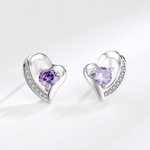 S999 Sterling Zilveren Hart Oorknopjes Voor Dames Elegant Ingelegd Wit Paars Strass Esthetiek Mode Woon-werkverkeer Sieraden Cadeau