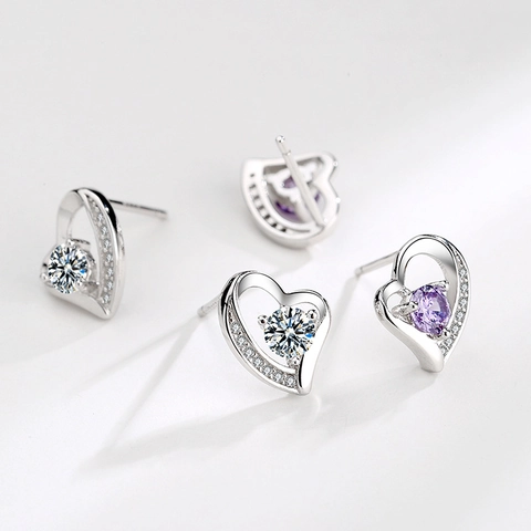 S999 Sterling Zilveren Hart Oorknopjes Voor Dames Elegant Ingelegd Wit Paars Strass Esthetiek Mode Woon-werkverkeer Sieraden Cadeau