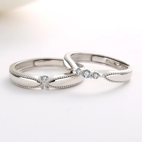 S925 Sterling Silver Couple Rings Minimalist Geometric Inlaid Rhinestone Adjustable Open Rings Valentine's Day Anniversary Gift