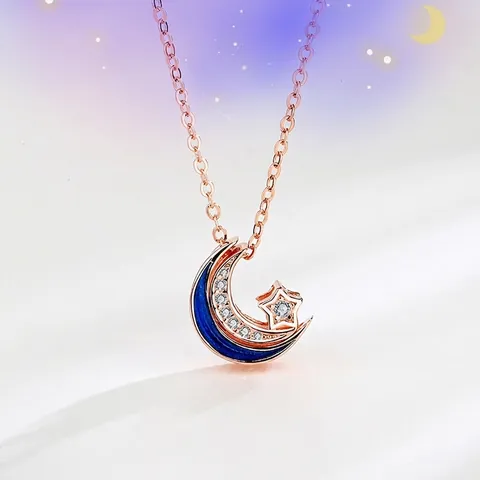 Collar de Pendiente de Luna y Estrella de Plata de Ley S925 para Mujer Oro Rosa Esmalte Strass Incrustado Joyería de Cadena