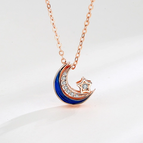 Collar de Pendiente de Luna y Estrella de Plata de Ley S925 para Mujer Oro Rosa Esmalte Strass Incrustado Joyería de Cadena