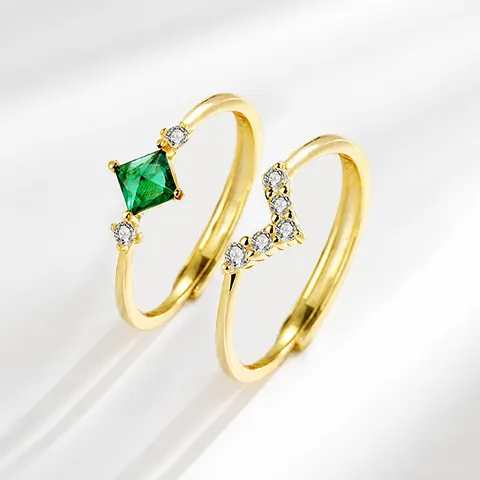 S925 Sterling Silver Gold Plated Emerald Green Square Rhinestone Open Ring For Women Elegant Adjustable Finger Ring Jewelry