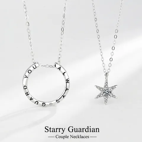 Collar de Pareja de Hexagrama de Plata de Ley S925 para Hombres Mujeres Colgante Redondo Grabado Collar con Incrustaciones de Strass