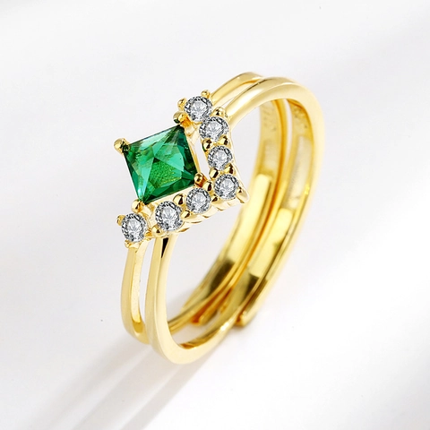 S925 Sterling Silver Gold Plated Emerald Green Square Rhinestone Open Ring For Women Elegant Adjustable Finger Ring Jewelry