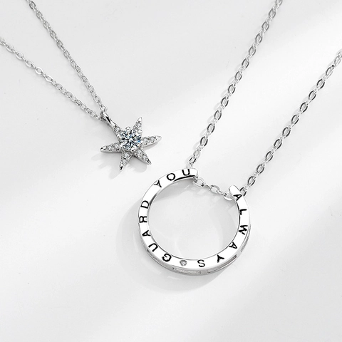 Collar de Pareja de Hexagrama de Plata de Ley S925 para Hombres Mujeres Colgante Redondo Grabado Collar con Incrustaciones de Strass