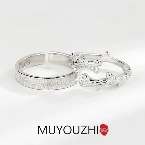 S925 Sterling Silver Couple Rings Minimalist Nature Tree Branch Wood Grain Adjustable Open Rings For Women Men Jewelry Gift