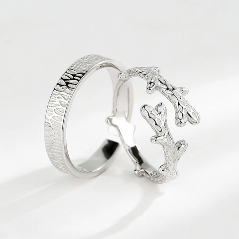 S925 Sterling Silver Couple Rings Minimalist Nature Tree Branch Wood Grain Adjustable Open Rings For Women Men Jewelry Gift