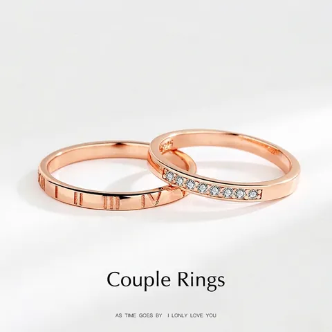 Anillos de Pareja de Plata de Ley S925 Chapado en Oro Rosa Con Circonitas Números Romanos Grabados Joyas Ajustables Boda