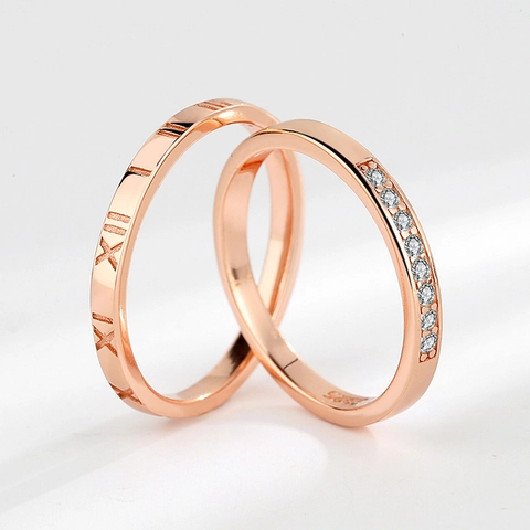 Anillos de Pareja de Plata de Ley S925 Chapado en Oro Rosa Con Circonitas Números Romanos Grabados Joyas Ajustables Boda