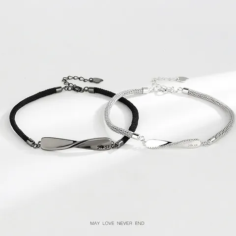 S925 Argento Sterling Nastro di Möbius Bracciali Coppia Incisi No.52 Corda Intrecciata Strass Infinito Gioielli Regalo San Valentino
