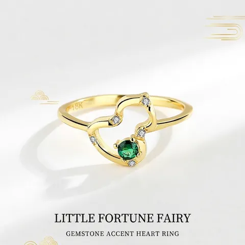 925 Sterling Silver Hollow Gourd Heart Open Ring For Women Gilded Green Rhinestone Minimalist Retro Finger Jewelry Gift