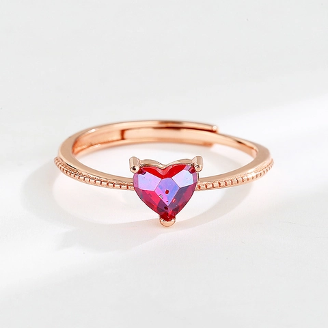 Anello a Cuore in Argento Sterling 925 Per Donna Elegante Oro Rosa Placcato Zirconia Rossa Anello Regolabile Gioielli
