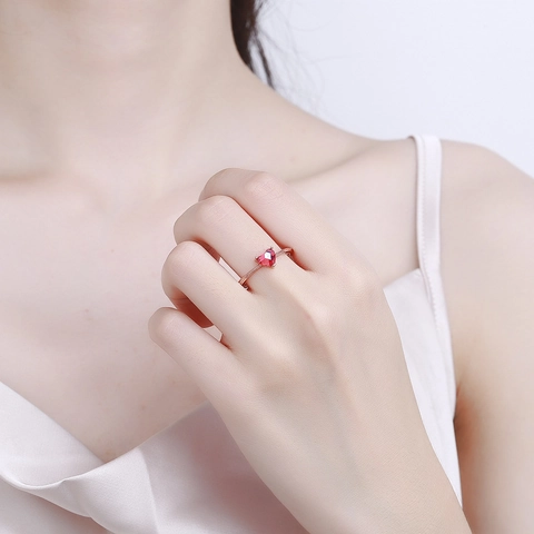 Anello a Cuore in Argento Sterling 925 Per Donna Elegante Oro Rosa Placcato Zirconia Rossa Anello Regolabile Gioielli