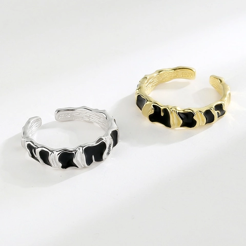 Irregular Wave 925 Sterling Silver Open Ring For Women Minimalist Black Enamel Geometric Adjustable Finger Jewelry Fashion Accessories Gift