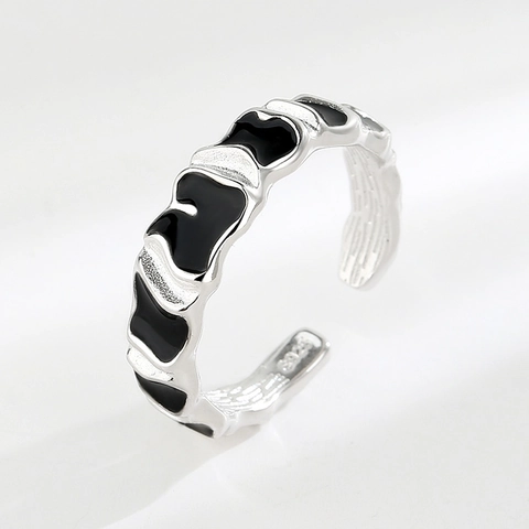 Irregular Wave 925 Sterling Silver Open Ring For Women Minimalist Black Enamel Geometric Adjustable Finger Jewelry Fashion Accessories Gift
