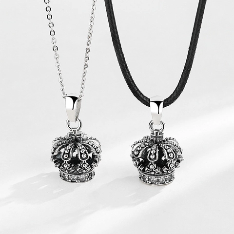 Vintage 925 Sterling Silver Crown Pendant Necklace For Men Women Retro Cross Design Rhinestone Inlaid Fashion Jewelry Gift
