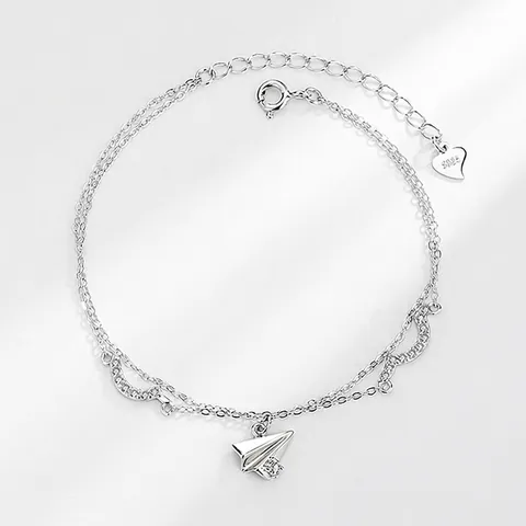 Minimalist 925 Sterling Silver Paper Airplane Double Chain Bracelet Sparkling Cubic Zirconia Hand Jewelry For Women Daily Wear