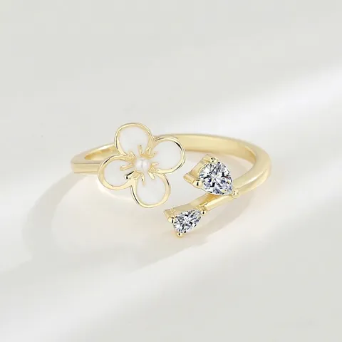 Bague Ouverte en Argent Sterling S925 Fleur Avec Künstliche Perle et Zircon Taille Poire Élégante Réglable Bijoux pour Femme