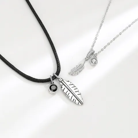 S925 Sterling Silver Feather Couple Necklace Set For Men Women Minimalist Zirconia Pendant Clavicle Chain Valentine Gift